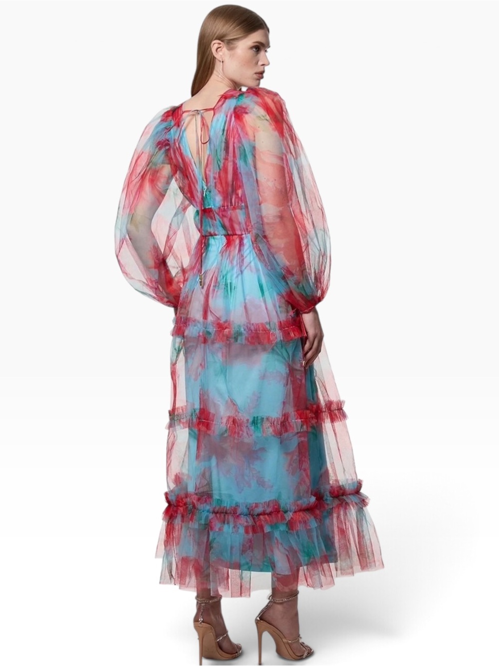 Karen Millen Tulle Floral Blue and Red Sheer Balloon Sleeve Maxi Dress 6 8